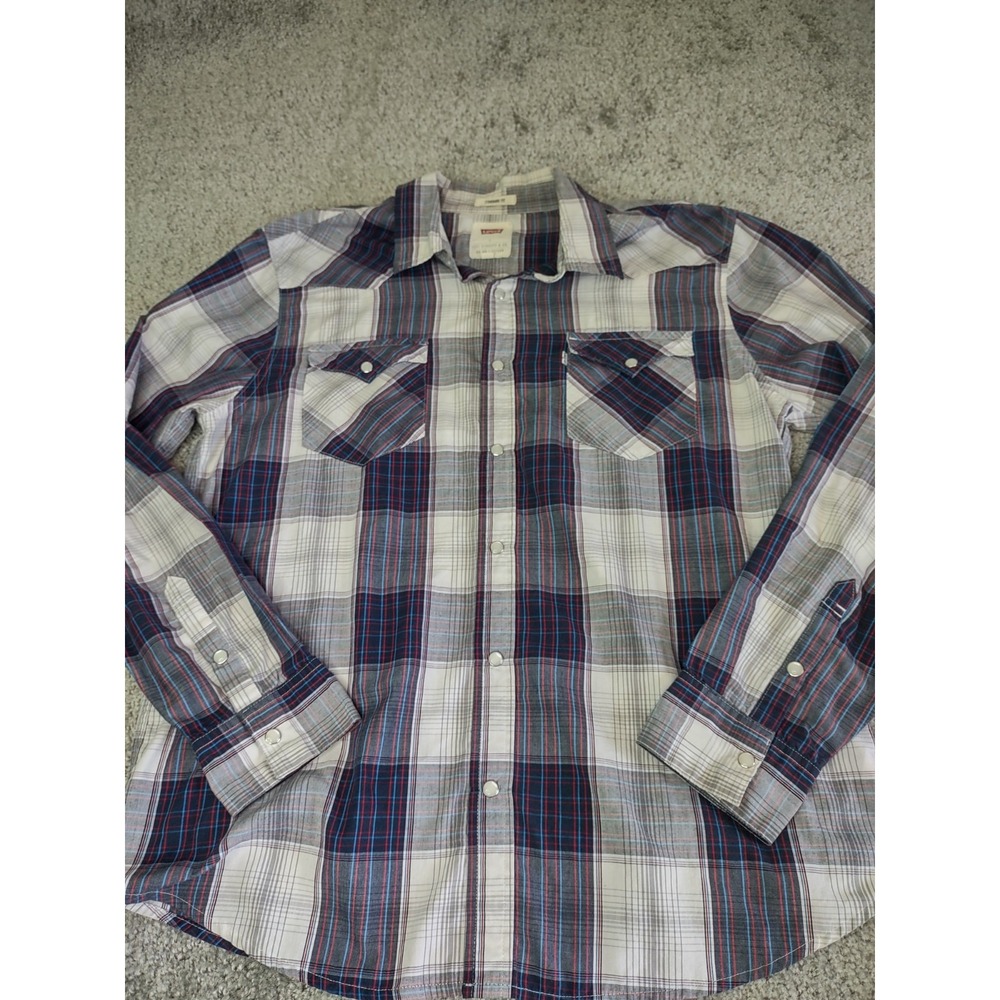 Levi's Western Pearl Snap Shirt Men Large‎ Modern Plaid Gray Red Blue Western